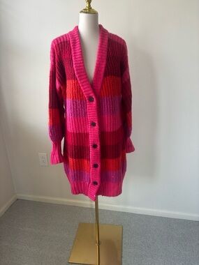FARM Rio Striped Long Cardigan in Pink and Red Button Knit